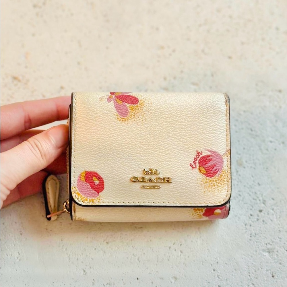 Coach Leather/Canvas Wallet With Floral Print, White/Red/Gold
